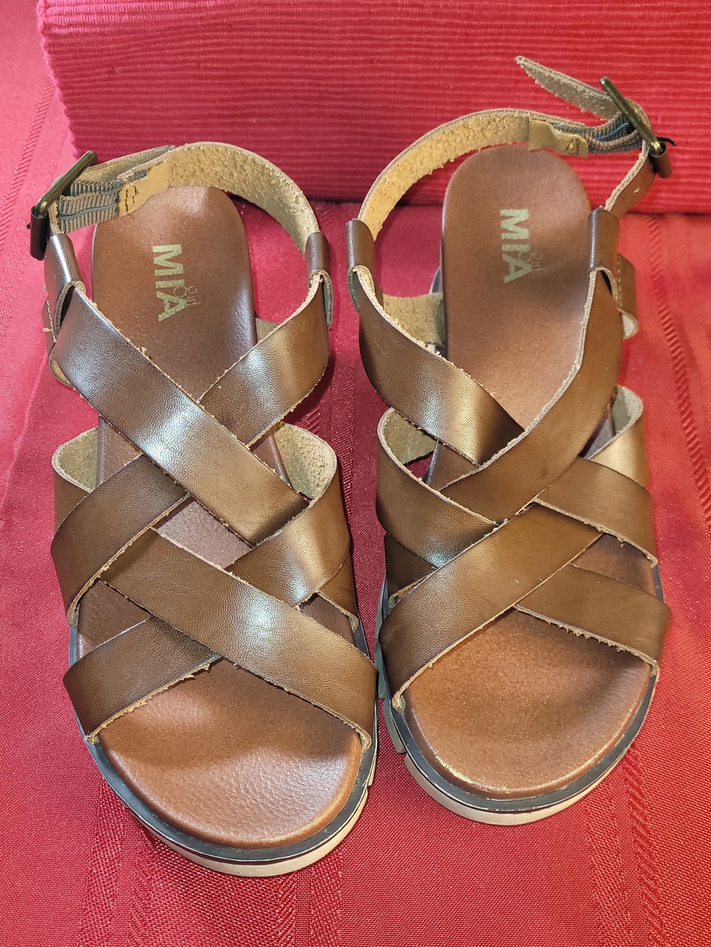 MIA Lauri Cognac Brown Leather Strappy Crisscross ankle Strap Wedge  Sandals W 6